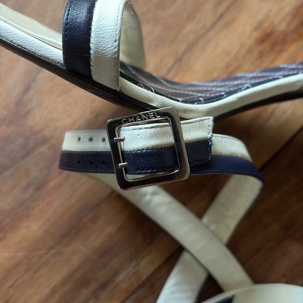 CHANEL Cream and Navy Quilted Ankle-Strap Sandals